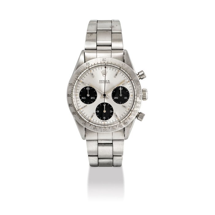 Rolex ROLEX. A FINE AND RARE STAINLESS STEEL CHRONOGRAPH WRISTWATCH WITH BRACELET SIGNED ROLEX, COSMOGRAPH, REF. 6239, CASE NO. 1’192’374, CIRCA 1965 · 6239
