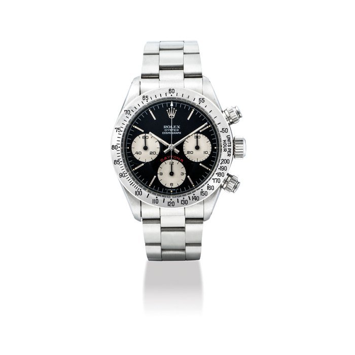 Rolex ROLEX. A FINE AND ATTRACTIVE STAINLESS STEEL CHRONOGRAPH WRISTWATCH WITH BRACELET SIGNED ROLEX, OYSTER, COSMOGRAPH, DAYTONA, BIG RED MODEL, REF. 6265, CASE NO. 9’174’917, CIRCA 1985 · 6265