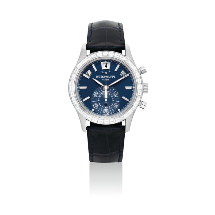 PATEK PHILIPPE. A FINE AND VERY RARE PLATINUM AND DIAMOND-SET AUTOMATIC ANNUAL CALENDAR CHRONOGRAPH WRISTWATCH WITH POWER RESERVE, DAY AND NIGHT INDICATION, ORIGINAL CERTIFICATE AND BOX SIGNED PATEK PHILIPPE, GENEVE, REF. 5961P-001, MOVEMENT NO. 5’775’428, CASE NO. 4’688’301, CIRCA 2014