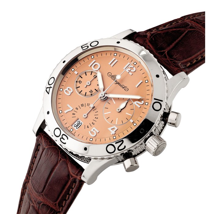 BREGUET. A RARE PLATINUM LIMITED EDITION AUTOMATIC FLYBACK CHRONOGRAPH WRISTWATCH WITH DATE SIGNED BREGUET, TYPE XX, TRANSATLANTIQUE EDITION LIMITEE MODEL, NO. 02/90, REF. 3827, CASE NO. 43’371, CIRCA 2000