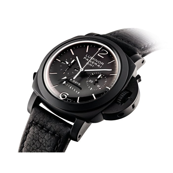 PANERAI. A BLACK CERAMIC CUSHION-SHAPED DUAL TIME SINGLE BUTTON CHRONOGRAPH WRISTWATCH WITH 8 DAY POWER RESERVE AND DAY AND NIGHT INDICATION SIGNED PANERAI, LUMINOR 1950 CHRONO MONOPULSANTE 8 DAYS GMT MODEL, NO. K382/500, REF. OP 6752, PAM00317, CASE NO. BB 1434032, MANUFACTURED IN 2008