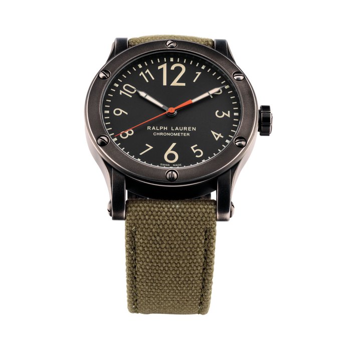 RALPH LAUREN. A BLACK STAINLESS STEEL AUTOMATIC WRISTWATCH WITH SWEEP CENTRE SECONDS SIGNED RALPH LAUREN, CHRONOMETER, SAFARI COLLECTION, REF. K02201, CASE NO. WAEH2016, CIRCA 2013