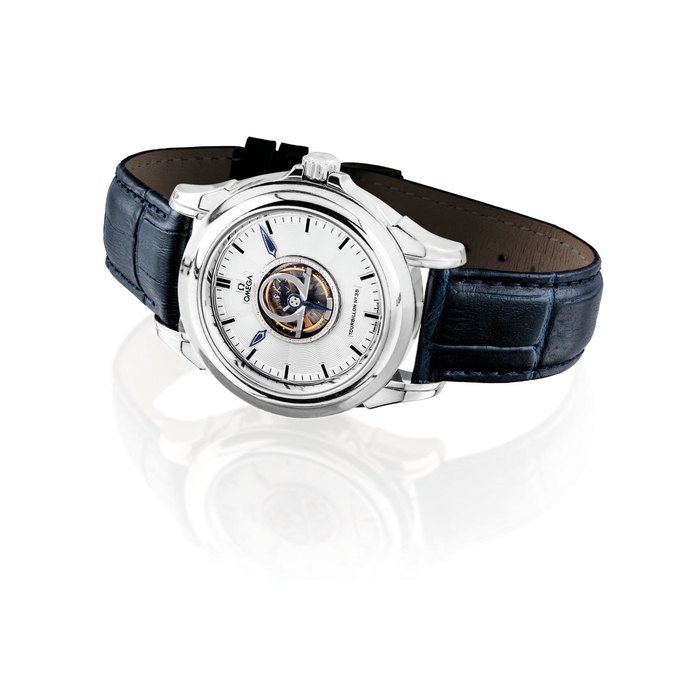 OMEGA. A FINE AND RARE PLATINUM AUTOMATIC WRISTWATCH WITH CENTRAL TOURBILLON SIGNED OMEGA, DE VILLE CENTRAL TOURBILLON MODEL, NO. 38, CIRCA 2004