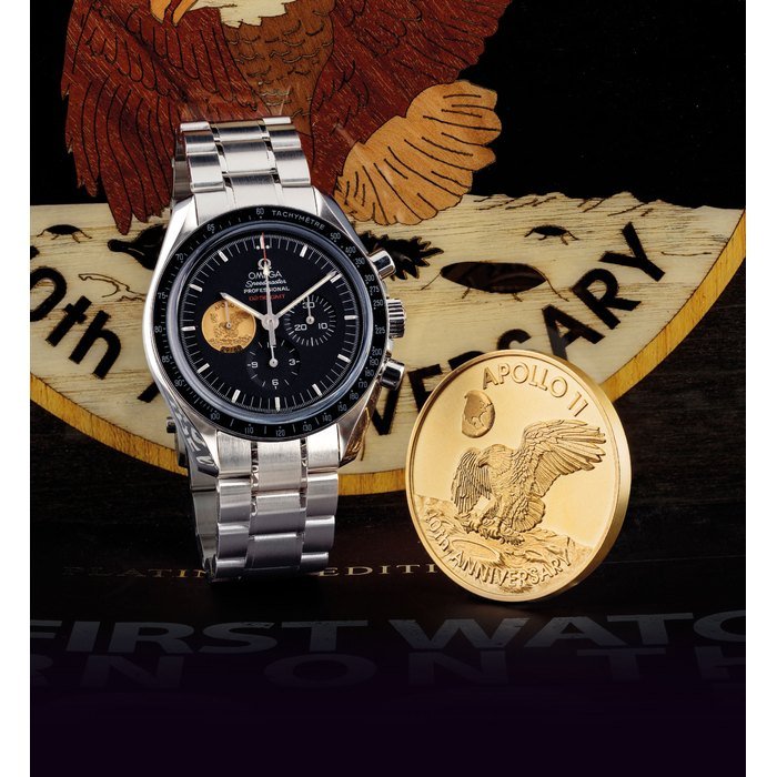 Omega OMEGA. A FINE AND VERY RARE PLATINUM LIMITED EDITION CHRONOGRAPH WRISTWATCH WITH BRACELET SIGNED OMEGA, SPEEDMASTER PROFESSIONAL, APOLLO XI LIMITED EDITION 40TH ANNIVERSARY MODEL, NO. 29/69, REF. 31190423001001, CASE NO. 77’143’006, CIRCA 2009