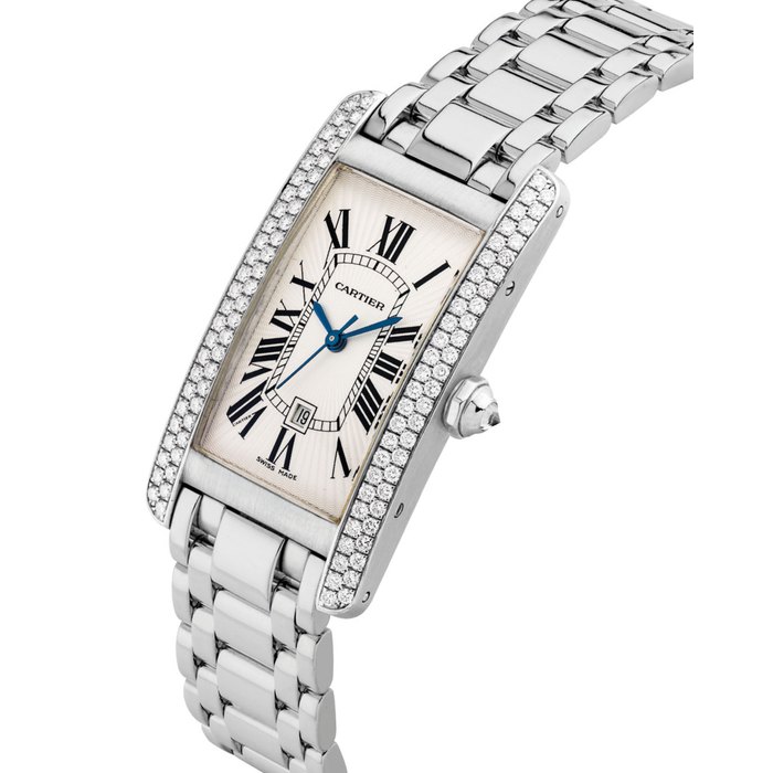CARTIER. A FINE 18K WHITE GOLD AND DIAMOND-SET RECTANGULAR AUTOMATIC WRISTWATCH WITH SWEEP CENTRE SECONDS, DATE AND BRACELET SIGNED CARTIER, AMERICAN TANK MODEL, REF. 1726, CASE NO. 262825CD, CIRCA 2000