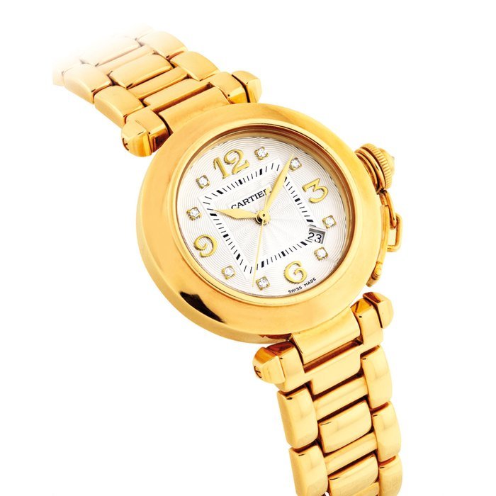 Cartier CARTIER. A LADY'S 18K GOLD AND DIAMOND-SET AUTOMATIC WRISTWATCH WITH SWEEP CENTRE SECONDS AND DATE SIGNED CARTIER, PASHA MODEL, REF. 2397, CASE NO. 326579MG, CIRCA 2000
