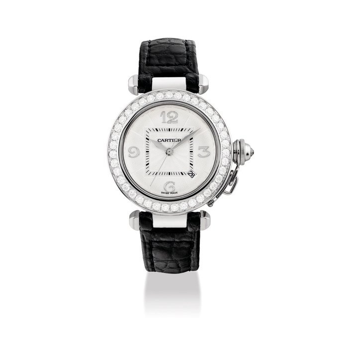 Cartier CARTIER. A FINE 18K WHITE GOLD AND DIAMOND-SET AUTOMATIC WRISTWATCH WITH SWEEP CENTRE SECONDS AND DATE SIGNED CARTIER, PASHA MODEL, REF. 2528, CASE NO. 365518MG, CIRCA 2005