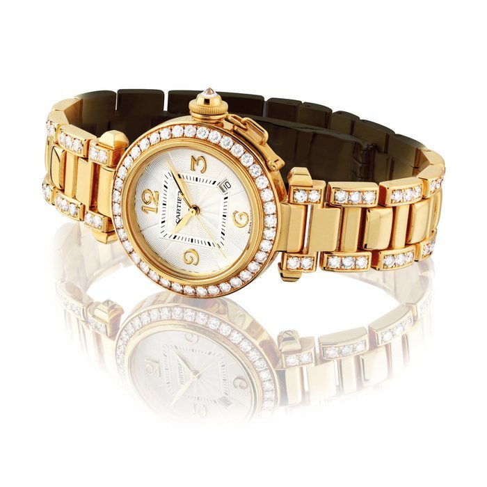 Cartier CARTIER. A LADY ’ S FINE 18K GOLD AND DIAMOND-SET AUTOMATIC WRISTWATCH WITH SWEEP CENTRE SECONDS, DATE AND BRACELET SIGNED CARTIER, PASHA MODEL, REF. 2397, CASE NO. 300504MG, CIRCA 1999