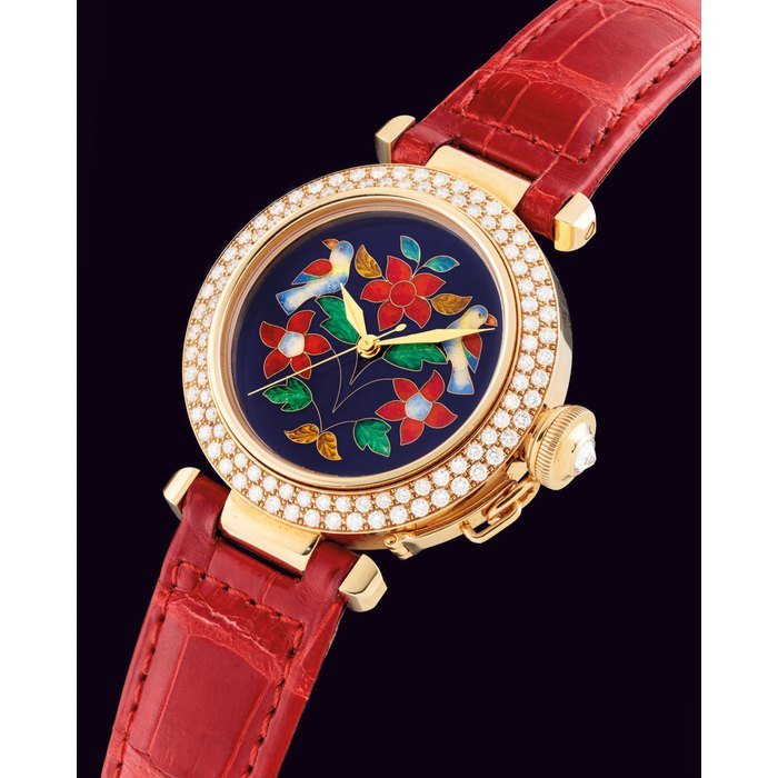 Cartier CARTIER. A FINE AND ATTRACTIVE LIMITED EDITION 18K GOLD AND DIAMOND-SET AUTOMATIC WRISTWATCH WITH CLOISONNE ENAMEL DIAL SIGNED CARTIER, PASHA MODEL, NO. 3/10, REF. 2469, CASE NO. 310073MG, CIRCA 2008