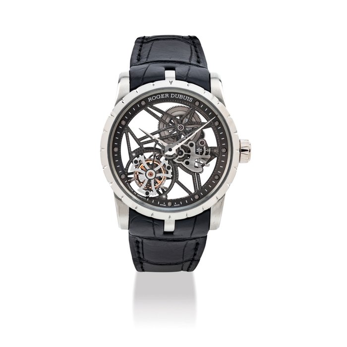 ROGER DUBUIS. A VERY FINE AND RARE 18K WHITE GOLD SKELETONISED TOURBILLON WRISTWATCH SIGNED ROGER DUBUIS, EXCALIBUR SKELETON TOURBILLON MODEL, REF. 87360, CASE NO. S647CD, CIRCA 2012