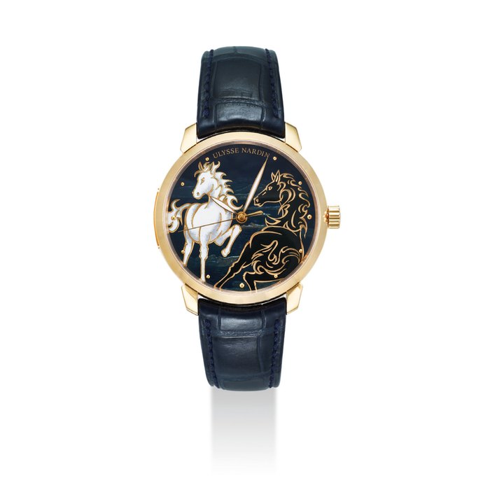 ULYSSE NARDIN. A FINE AND VERY RARE 18K GOLD LIMITED EDITION AUTOMATIC WRISTWATCH WITH SWEEP CENTRE SECONDS AND CHAMPLEVE ENAMEL DIAL SIGNED ULYSSE NARDIN, CLASSICO HORSE MODEL, NO. 12/88, REF. 8156-111, CIRCA 2014