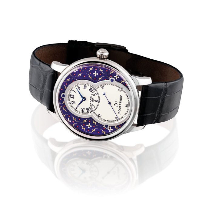JAQUET DROZ. A FINE AND VERY RARE 18K WHITE GOLD LIMITED EDITION AUTOMATIC WRISTWATCH WITH PAILLON É ENAMEL SIGNED JAQUET DROZ, GRANDE SECONDE MODEL, NO. 6/8, REF. J003034215, CIRCA 2003