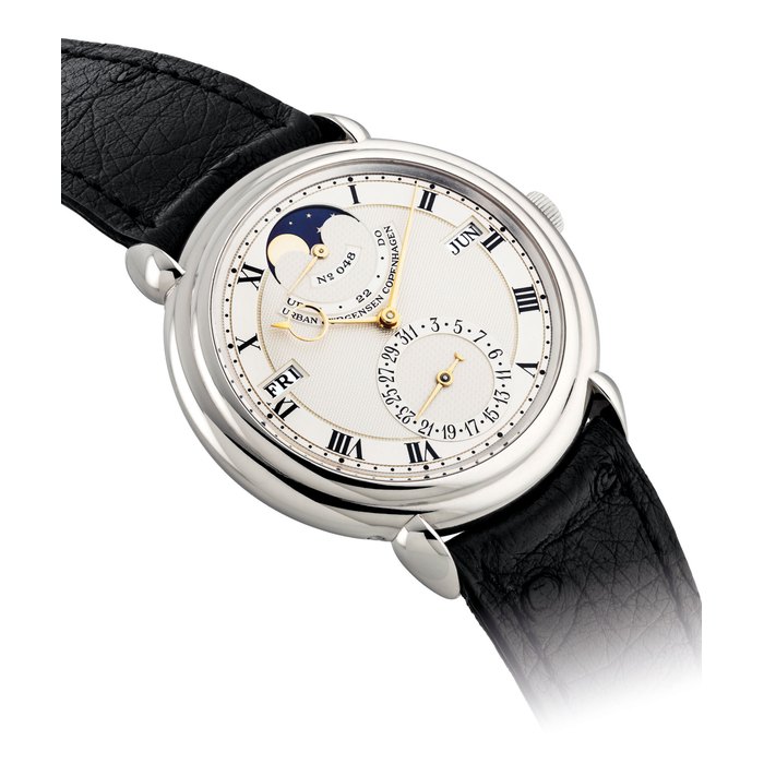 URBAN JÜ RGENSEN. A FINE AND RARE PLATINUM AUTOMATIC PERPETUAL CALENDAR WRISTWATCH WITH MOON PHASES AND UP AND DOWN INDICATOR SIGNED URBAN JÜRGENSEN, COPENHAGEN, REF. 03, NO. 048, CASE NO. 5324, CIRCA 2000