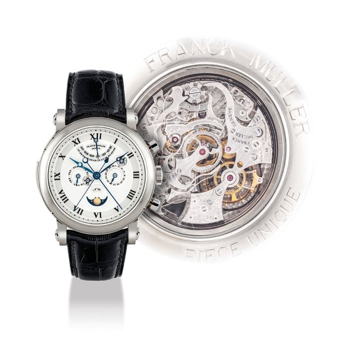 FRANCK MULLER. A UNIQUE AND MAGNIFICENT PLATINUM MINUTE REPEATING TOURBILLON PERPETUAL CALENDAR SPLIT SECONDS CHRONOGRAPH WRISTWATCH WITH EQUATION OF TIME AND MOON PHASES SIGNED FRANCK MULLER, GENEVE, REF. 7002 RMTQPCR, NO. 00, CIRCA 1995
