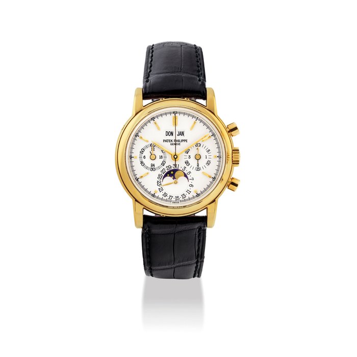 PATEK PHILIPPE. A FINE 18K GOLD PERPETUAL CALENDAR CHRONOGRAPH WRISTWATCH WITH MOON PHASES AND LEAP YEAR INDICATOR SIGNED PATEK PHILIPPE, GENEVE, REF. 3970E, CASE NO. 2’953’463, MOVEMENT NO. 3’045’255, CIRCA 1995