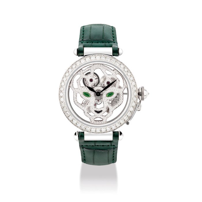 Cartier CARTIER. A FINE AND ATTRACTIVE 18K WHITE GOLD AND GEM-SET SKELETONISED WRISTWATCH SIGNED CARTIER, PASHA DE CARTIER, SKELETON PANTHER, REF. 3309, NO. 6, CIRCA 2010