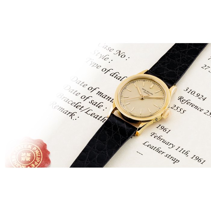 PATEK PHILIPPE. A FINE 18K GOLD WRISTWATCH WITH SWEEP CENTRE SECONDS SIGNED PATEK PHILIPPE, GENEVE, REF. 2555, MOVEMENT NO. 708'835, CASE NO. 310'294, MANUFACTURED IN 1961