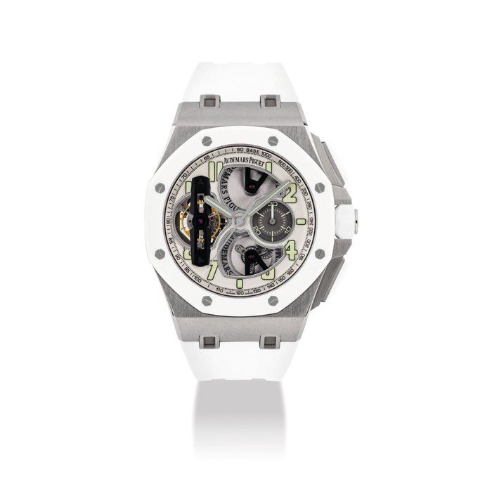 AUDEMARS PIGUET. A FINE AND RARE TITANIUM AND CERAMIC LIMITED EDITION SEMI-SKELETONISED TOURBILLON CHRONOGRAPH WRISTWATCH SIGNED AUDEMARS PIGUET, ROYAL OAK OFFSHORE TOURBILLON CHRONOGRAPH MODEL, REF. 26387IO.OO.D010CA.01, CASE NO. I43381, CIRCA 2016