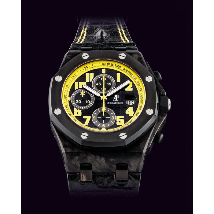 AUDEMARS PIGUET. A FINE FORGED CARBON AND CERAMIC AUTOMATIC CHRONOGRAPH WRISTWATCH WITH DATE SIGNED AUDEMARS PIGUET, ROYAL OAK OFFSHORE BUMBLE BEE MODEL, REF. 26176FO, NO. 0201, CASE NO. G 78’748, CIRCA 2009