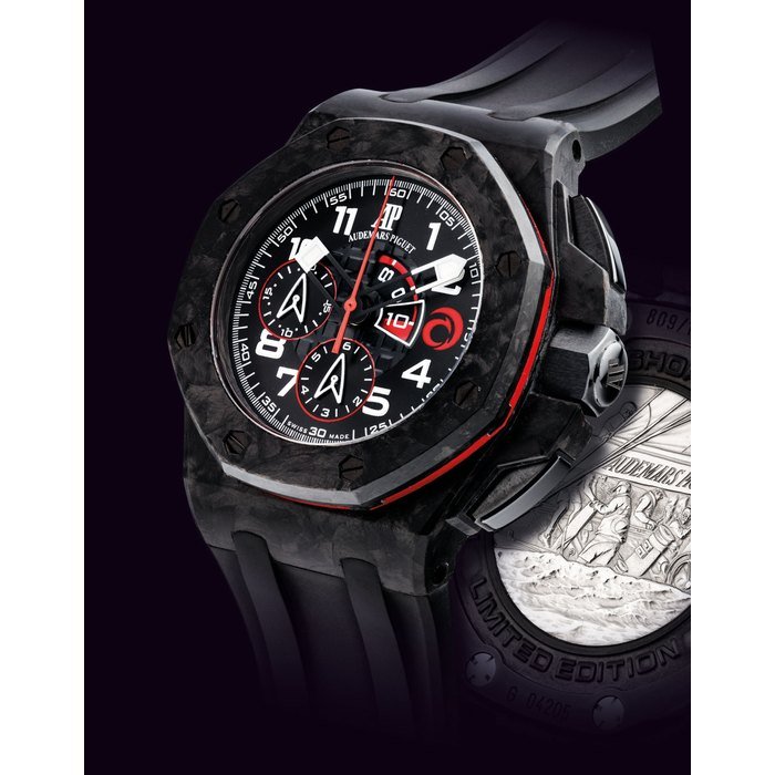 Audemars Piguet AUDEMARS PIGUET. A FINE CARBON AND CERAMIC LIMITED EDITION AUTOMATIC FLYBACK CHRONOGRAPH WRISTWATCH WITH REGATTA COUNTDOWN SIGNED AUDEMARS PIGUET, ROYAL OAK OFFSHORE, ALINGHI TEAM MODEL, NO. 809/1300, REF. 26062FS, CASE NO. G04205, CIRCA 2008 · 26062FS