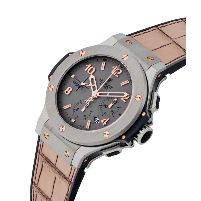 HUBLOT. A VERY FINE AND RARE TITANIUM AND 18K PINK GOLD LIMITED EDITION AUTOMATIC CHRONOGRAPH WRISTWATCH WITH DATE SIGNED HUBLOT, BIG BANG, THE VISION MODEL, NO. 01/100, REF. 301.NX.5710.RX.SDQ08, CASE NO. 838’406, CIRCA 2015