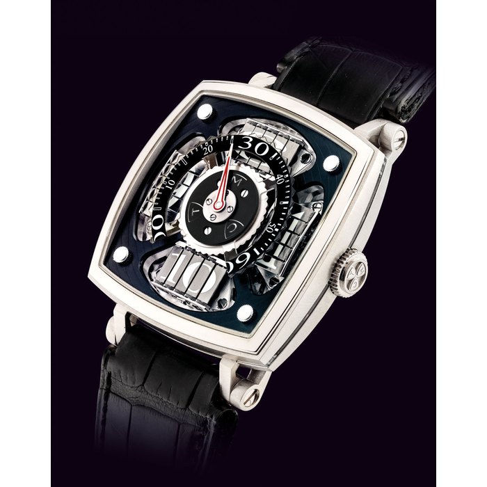 MCT. A FINE AND RARE 18K WHITE GOLD LIMITED EDITION JUMP HOUR WRISTWATCH SIGNED MCT, SEQUENTIAL ONE MODEL, NO. 7/99, REF. SQ45S1WG, CIRCA 2010