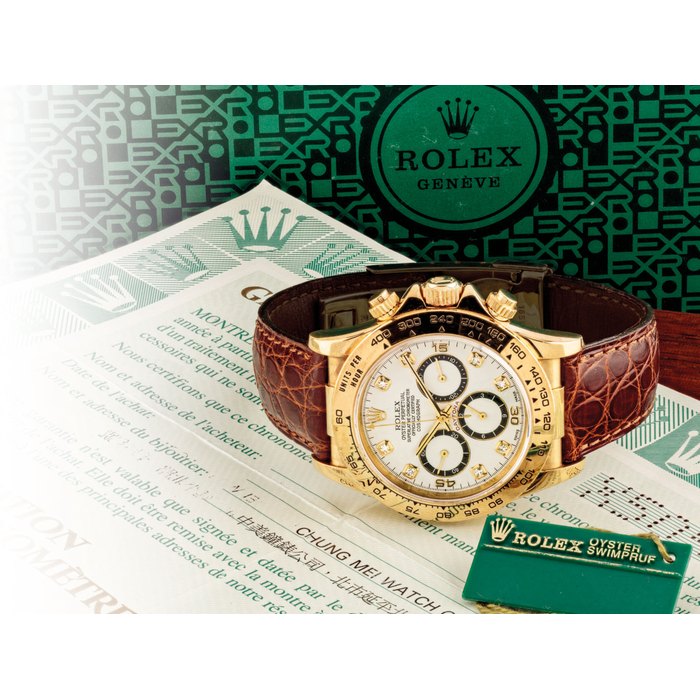 ROLEX. A FINE 18K GOLD AND DIAMOND-SET AUTOMATIC CHRONOGRAPH WRISTWATCH SIGNED ROLEX, COSMPGRAPH DAYTONA, REF. 16518, CASE NO. X505153, CIRCA 1991