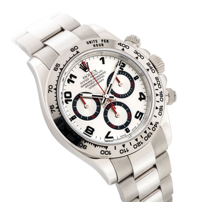 ROLEX. AN 18K WHITE GOLD AUTOMATIC CHRONOGRAPH WRISTWATCH WITH BRACELET SIGNED ROLEX, OYSTER PERPETUAL, COSMOGRAPH DAYTONA MODEL, REF. 116509, CASE NO. D028024, CIRCA 2005