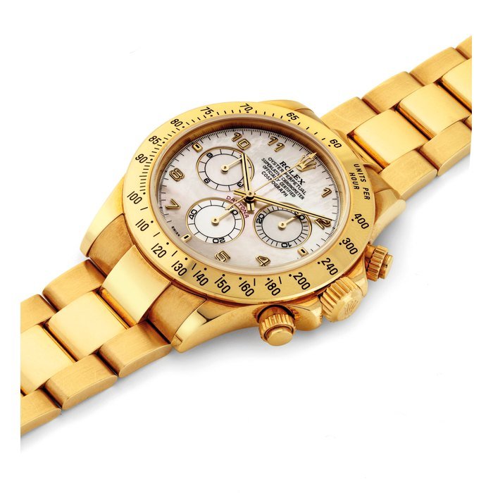 Rolex ROLEX. AN 18K GOLD AUTOMATIC CHRONOGRAPH WRISTWATCH WITH BRACELET AND MOTHER-OF-PEARL DIAL SIGNED ROLEX, OYSTER PERPETUAL, COSMOGRAPH DAYTONA MODEL, REF. 116528, CASE NO. P861567, CIRCA 2000 · 116528