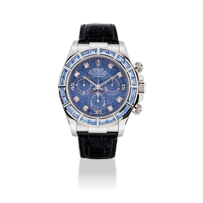 ROLEX. A RARE 18K WHITE GOLD, DIAMOND AND SAPPHIRE-SET AUTOMATIC CHRONOGRAPH WRISTWATCH WITH BRACELET AND SODALITE DIAL SIGNED ROLEX, COSMOGRAPH DAYTONA, REF. 116589, CASE NO. K582334, CIRCA 2000