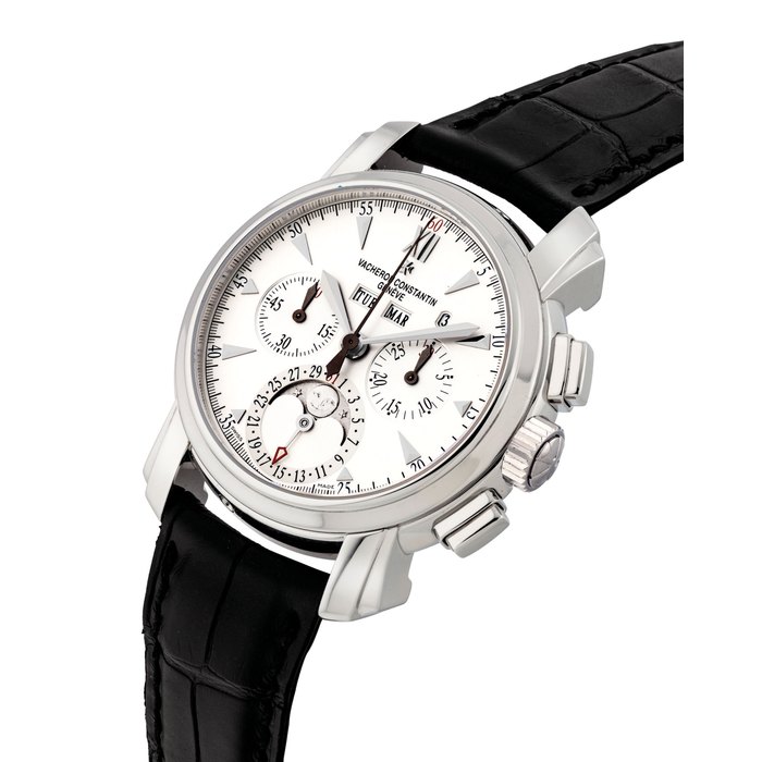 VACHERON CONSTANTIN. A FINE PLATINUM AUTOMATIC PERPETUAL CALENDAR CHRONOGRAPH WRISTWATCH WITH MOON PHASES AND LEAP YEAR INDICATION SIGNED VACHERON CONSTANTIN, GENEVE, MALTE CHRONOGRAPH PERPETUAL CALENDAR MODEL, REF. 47112, CASE NO. 733’542, MOVEMENT NO. 879’798, CIRCA 2010