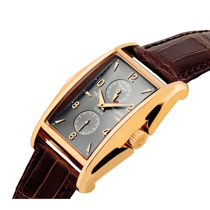 PATEK PHILIPPE. A FINE AND RARE 18K PINK GOLD LIMITED EDITION RECTANGULAR WRISTWATCH WITH 10 DAY POWER RESERVE, MADE TO COMMEMORATE THE MILLENIUM SIGNED PATEK PHILIPPE, GENEVE, REF. 5100, MOVEMENT NO. 3'202'006, CASE NO. 4'124'275, MANUFACTURED IN 2000