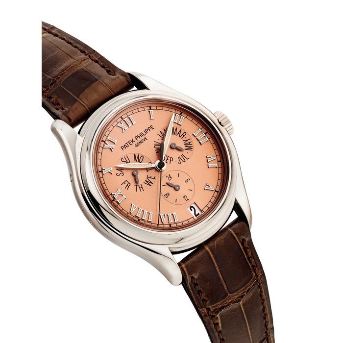 PATEK PHILIPPE. A FINE 18K WHITE GOLD AUTOMATIC ANNUAL CALENDAR WRISTWATCH WITH SWEEP CENTRE SECONDS AND 24 HOUR INDICATION SIGNED PATEK PHILIPPE, GENEVE, REF. 5035, MOVEMENT NO. 3'055'894, CASE NO. 4'009'047, MANUFACTURED IN 1996