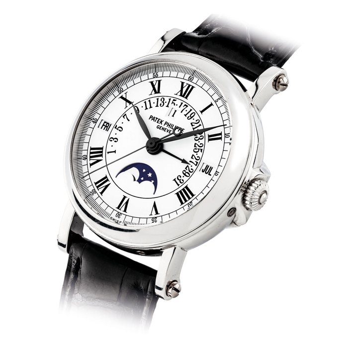PATEK PHILIPPE. A FINE PLATINUM AUTOMATIC PERPETUAL CALENDAR WRISTWATCH WITH SWEEP CENTRE SECONDS, RETROGRADE DATE, MOON PHASES AND LEAP YEAR INDICATION SIGNED PATEK PHILIPPE, GENEVE, REF. 5059, MOVEMENT NO. 3’236’963, CASE NO. 4’280’857, MANUFACTURED IN 2005