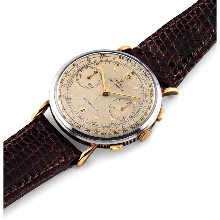 ROLEX. A FINE AND RARE 18K PINK GOLD AND STAINLESS STEEL CHRONOGRAPH WRISTWATCH SIGNED ROLEX, CHRONOGRAPHE, ANTIMAGNETIQUE, REF. 4062, CASE NO. 569’326, CIRCA 1945