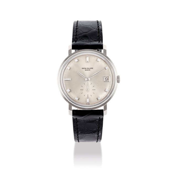PATEK PHILIPPE. AN EXCEPTIONALLY RARE AND VERY FINE PLATINUM AND DIAMOND-SET AUTOMATIC WRISTWATCH WITH DATE SIGNED PATEK PHILIPPE, GENEVE, REF. 3445, CASE NO. 316’562, MOVEMENT NO. 1’121’450, MANUFACTURED IN 1964