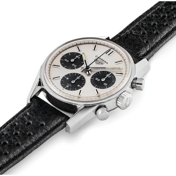 HEUER. A RARE AND ATTRACTIVE STAINLESS STEEL CHRONOGRAPH WRISTWATCH SIGNED HEUER, CARRERA, REF. 2447 SN, CASE NO. 92’895, CIRCA 1969