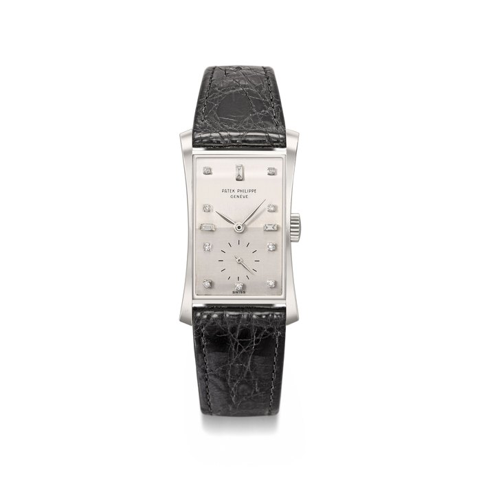 Patek Philippe. A very fine, rare and elegant platinum and diamond-set rectangular curved wristwatch Signed Patek Philippe, Genève, ref. 1593, movement no. 976’444, case no. 686’928, manufactured in 1955