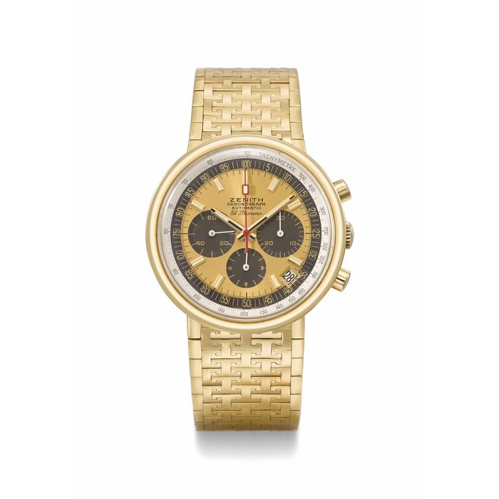 Zenith. A rare and attractive 18K gold automatic chronograph bracelet watch with date Signed Zenith, Chronograph, Automatic, El Primero, ref. GH6081, no. 125 E 708, made in 1971