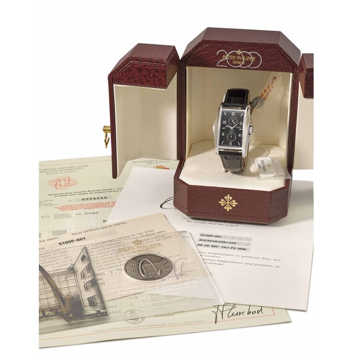 Patek Philippe. A very fine, rare and unusual platinum limited edition rectangular twin barrel wristwatch with 10 days power reserve, original certificate and box Signed Patek Philippe, Genève, 10 days, ref. 5100P-001, movement no. 3’203’449, case no. 4’091’229, circa 2000