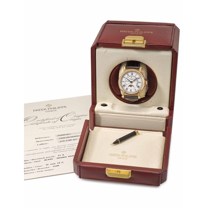 Patek Philippe. A fine and rare 18K pink gold automatic perpetual calendar wristwatch with retrograde date, sweep centre seconds, moon phases, original certificate and box Signed Patek Philippe, Genève, ref. 5059, movement no. 1'958'339, case no. 4'090'524, circa 2000