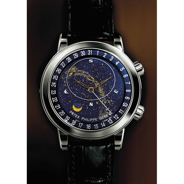 Patek Philippe. An extremely fine and rare platinum automatic astronomical wristwatch with sky chart, phases and orbit of the moon including time of meridian passage of Sirius and of the moon, outer date ring, original certificate, sales tag, pin and boxes Signed Patek Philippe, Genève, Ref 6102P, movement no. 7’048’019, case no. 6’135’710, circa 2017