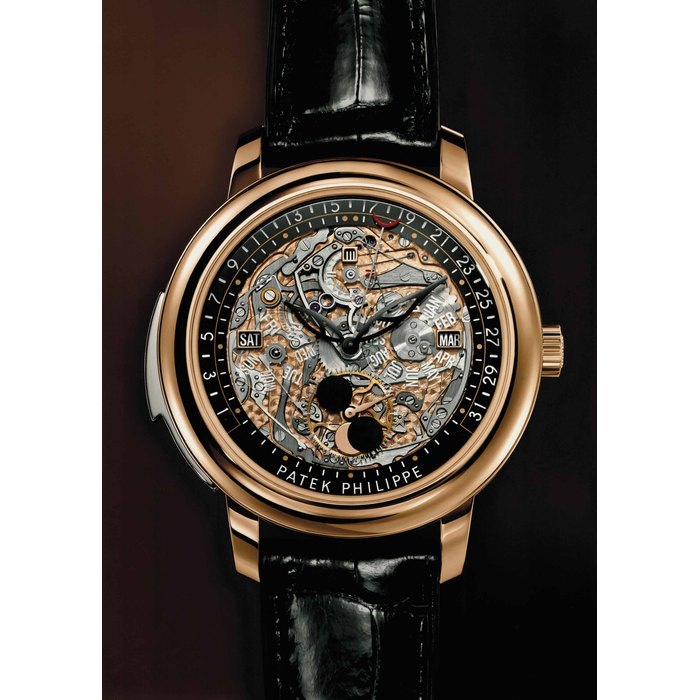 Patek Philippe. An exceptionally rare and fine 18K pink gold automatic semi-skeletonized minute repeating perpetual calendar wristwatch with retrograde date, moon phases, leap year indication, original certificate, sales tag, pin and boxes Signed Patek Philippe, Genève, Ref. 5304R, movement no. 5’175’557, case no. 6’050’757, circa 2016