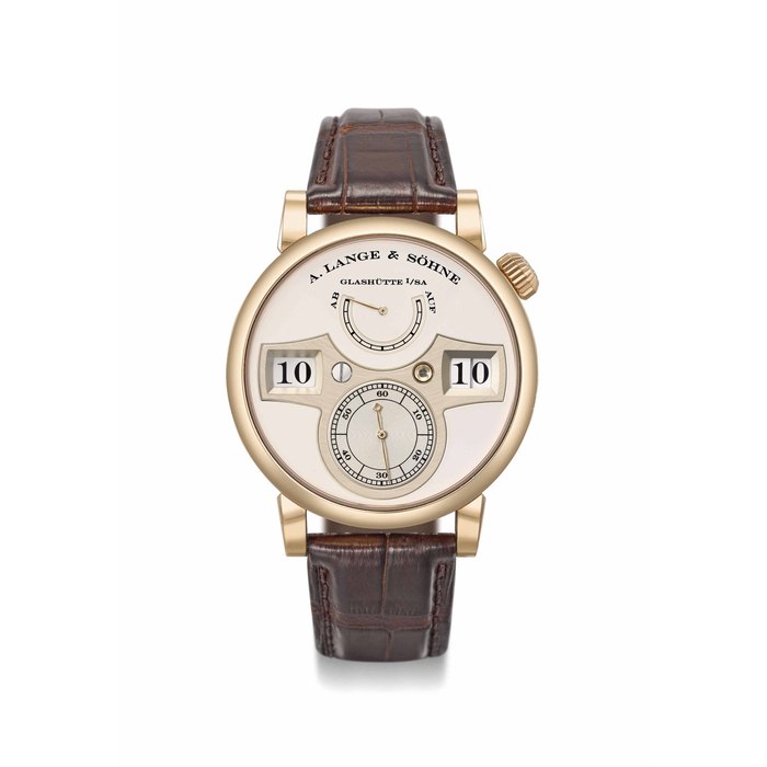  A. Lange & Söhne. A very fine 18K pink gold jump hour and minute wristwatch with power reserve Signed A. Lange & Söhne, Glashütte I/SA, Zeitwerk model, ref. 140.032, movement no. 84’701, case no. 194’707, circa 2013, Price & Market Data
