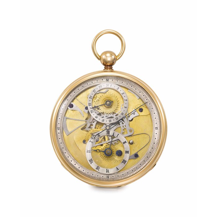 Swiss. A very fine and rare, 18K gold and silver watch with jump centre seconds, seconds-beating balance, unusual Pouzait-inspired pirouette lever escapement, skeletonized regulator dial and date calendar Unsigned, circa 1820