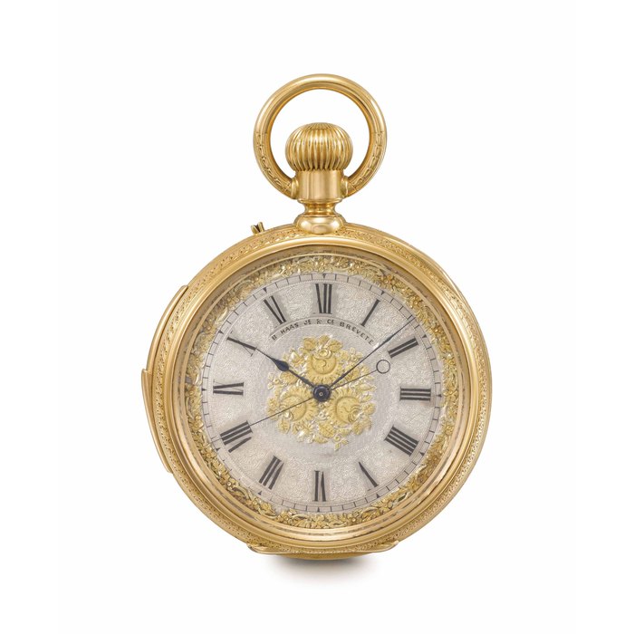 B. Haas Jeune & Cie. A fine rare and unusual 18K gold minute repeating double-dial two-train keyless lever chronometer with independent jump centre seconds and calendar Signed B. Haas Jne & Cie, Breveté, Chronomètre Répétition à Minutes Quantième, no. 1421, circa 1880