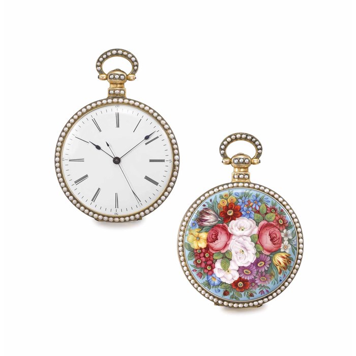 Bovet, Fleurier. A very fine and rare silver gilt, enamel and pearl-set openface centre seconds duplex watch, made for the Chinese market Signed Bovet, Fleurier, no. 1586, circa 1850