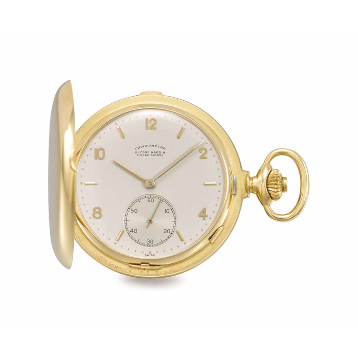 Ulysse Nardin. A very fine and rare 18K gold hunter case two-train trip-minute repeating Grande and Petite Sonnerie keyless lever chronometer clock watch Signed Ulysse Nardin, Locle Suisse, Chronomètre, movement no. 15'341, case no. 646'623, movement made circa 1910, finished, encased and sold circa 1970