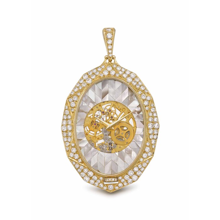 Vacheron Constantin Vacheron Constantin. A very fine and elegant 18K gold, mother of pearl and diamond-set skeleton open face keyless lever oval pendant watch with mother of pearl mosaic dial Signed Vacheron Constantin, ref. 728P, movement no. 669'733, case no. 538’787, manufactured in 1979, Price & Market Data