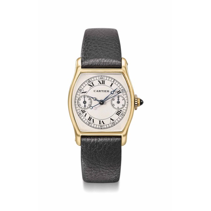 Cartier. A very fine and extremely rare 18K gold single button chronograph wristwatch Signed Cartier, movement by European Watch & Clock Co. Inc., tortue à pattes model, movement no. 32'837, case no. 30'850, 32'837 and 8'214, circa 1929